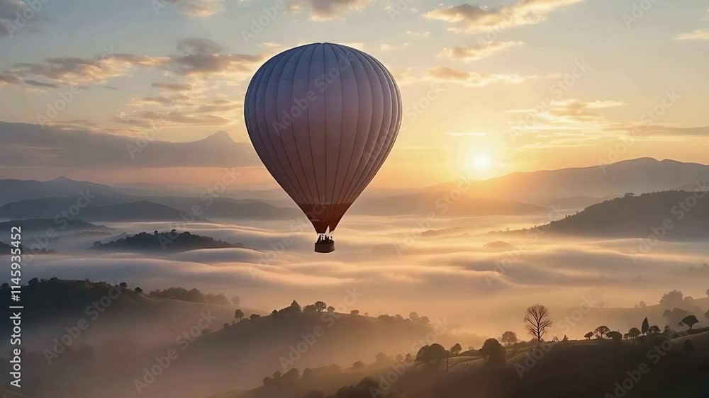 Silhouette of a hot air balloon floating over a serene valley at sunrise, with mist rolling over the landscape. Silhouette of a hot air balloon floating over a serene valley at sunrise, with mist rolling over the landscape.