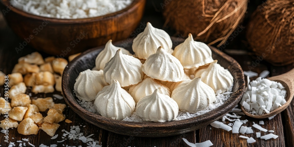 Fototapeta premium Delicious homemade coconut meringue biscuits arranged beside fresh chopped coconut and coconut chips on a rustic wooden table, showcasing the delightful appeal of coconut meringue treats.