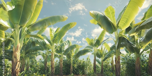 Banana trees are thriving as they grow taller and stronger, showcasing the lush development of banana trees in a vibrant environment. These banana trees highlight the beauty of nature s growth. photo