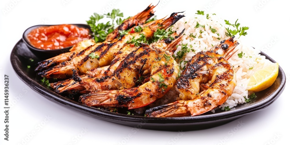 Sizzling grilled prawns served with rice, showcasing the delightful combination of grilled prawns and rice, isolated against a clean white background for a vibrant presentation. Sizzling grilled prawns served with rice, showcasing the delightful combination of grilled prawns and rice, isolated against a clean white background for a vibrant presentation.
