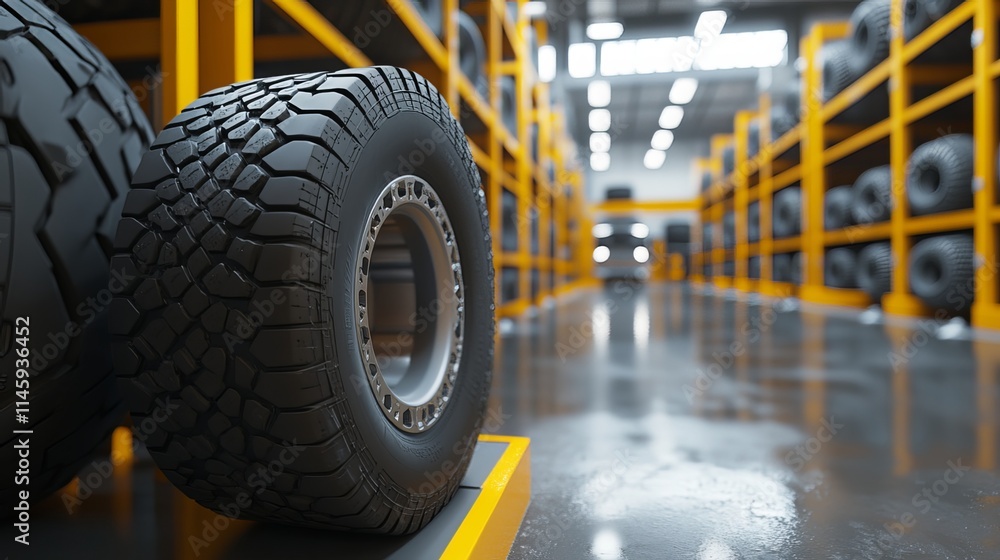 Naklejka premium A fresh tire is placed in the industrial tire storage, ready for vehicles requiring tire replacements. 