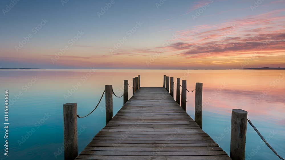 Wooden footbridge on a serene beach at sunset, perfect for meditation or yoga. Tranquil sea views create a calming journey for the mind and body Wooden footbridge on a serene beach at sunset, perfect for meditation or yoga. Tranquil sea views create a calming journey for the mind and body