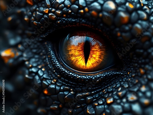 Dragon's Fiery Eye: Close-up of Scaled Skin, Intense Gaze photo