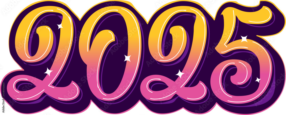 Fototapeta premium lettering 2025 with purple shadow and stars text