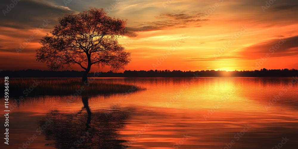 Sunset over the tranquil lake creates a beautiful scene with a tree silhouette, emphasizing the serene beauty of sunsets at the lake while adding depth to the stunning lake landscape.