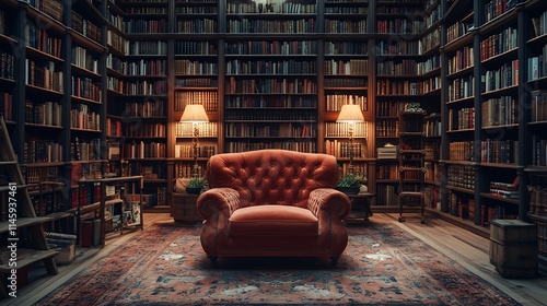 A Comfortable Armchair In A Grand Library Filled With Books