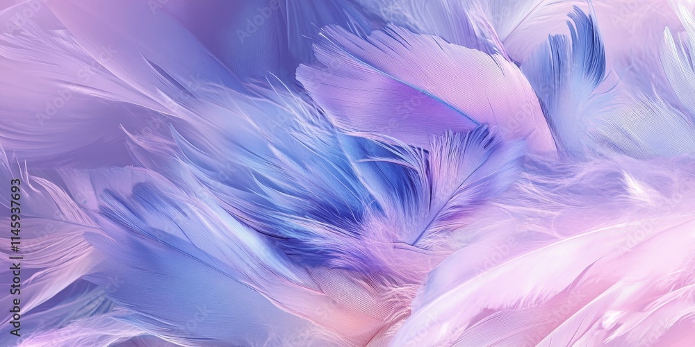 Fototapeta premium Stunning abstract colorful blue and light purple feathers create a vibrant composition against a soft white background, complemented by delicate white and pink feather textures in a purple design.