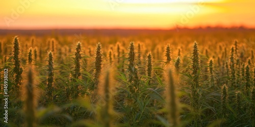 Sunhemp field bathed in the warm glow of sunset, showcasing the vibrant colors of the sunhemp field as day transitions to night, emphasizing the beauty of the sunhemp field at dusk. photo