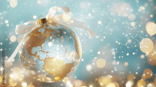 Elegant Christmas globe ornament with golden continents, tied with a ribbon, surrounded by sparkling bokeh lights. Perfect for festive or global-themed designs. photo