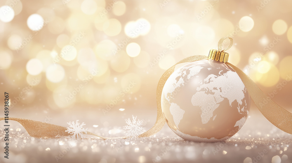 Globe Christmas Ornament in Golden Glow. A globe-shaped Christmas ornament with a delicate gold ribbon, set against a warm golden bokeh background, evoking holiday elegance. Globe Christmas Ornament in Golden Glow. A globe-shaped Christmas ornament with a delicate gold ribbon, set against a warm golden bokeh background, evoking holiday elegance.