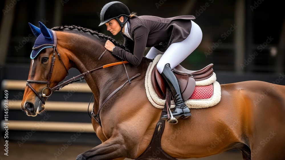 Obraz premium A rider in equestrian gear competes on a horse during a show jumping event.