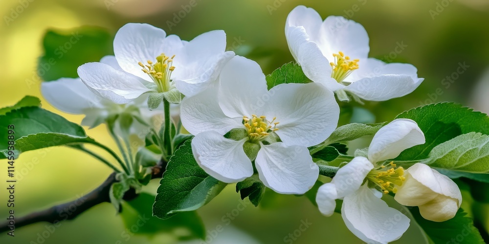 Obraz premium Closeup of a blooming white apple flowers branch showcasing delicate petals and vibrant growth, highlighting the beauty of apple flowers in full bloom, perfect for nature enthusiasts.