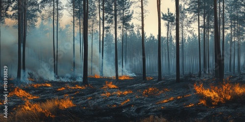 Pine forest landscape impacted by a forest fire, highlighting the environmental disaster and climate crisis affecting pine forests. This situation emphasizes the urgent need for climate action photo