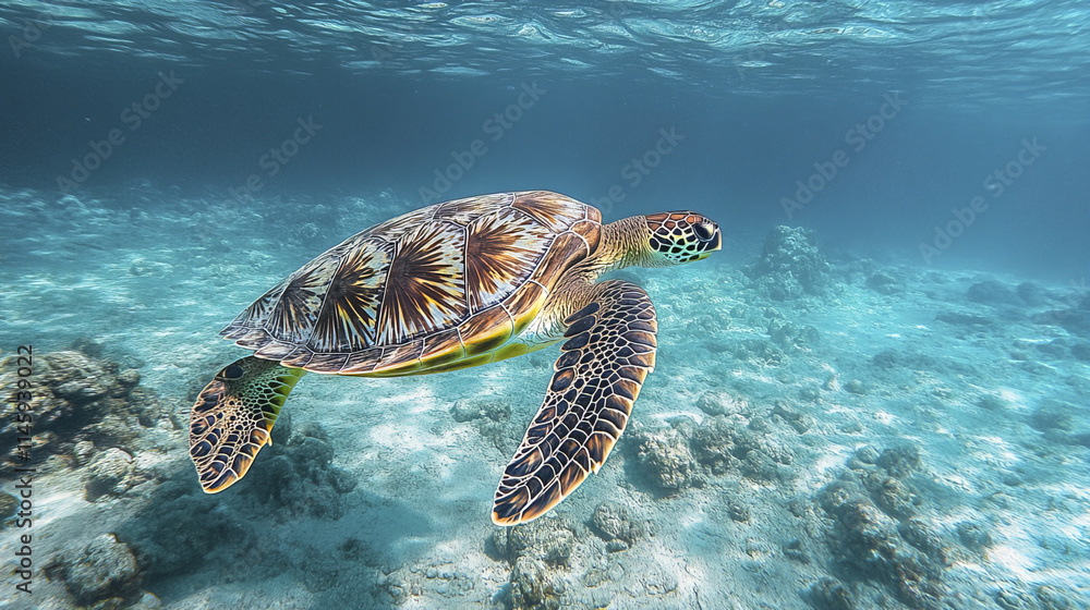 Fototapeta premium vibrant sea turtle gracefully swimming through clear blue water