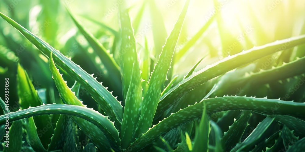 Fototapeta premium Aloe vera plant illuminated by bright noon light, showcasing the unique texture and vibrant green leaves of the aloe vera. This stunning aloe vera image captures the essence of the beautiful plant.