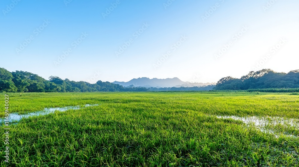 Serene sunrise over vast green paddy field and distant mountains. Serene sunrise over vast green paddy field and distant mountains.