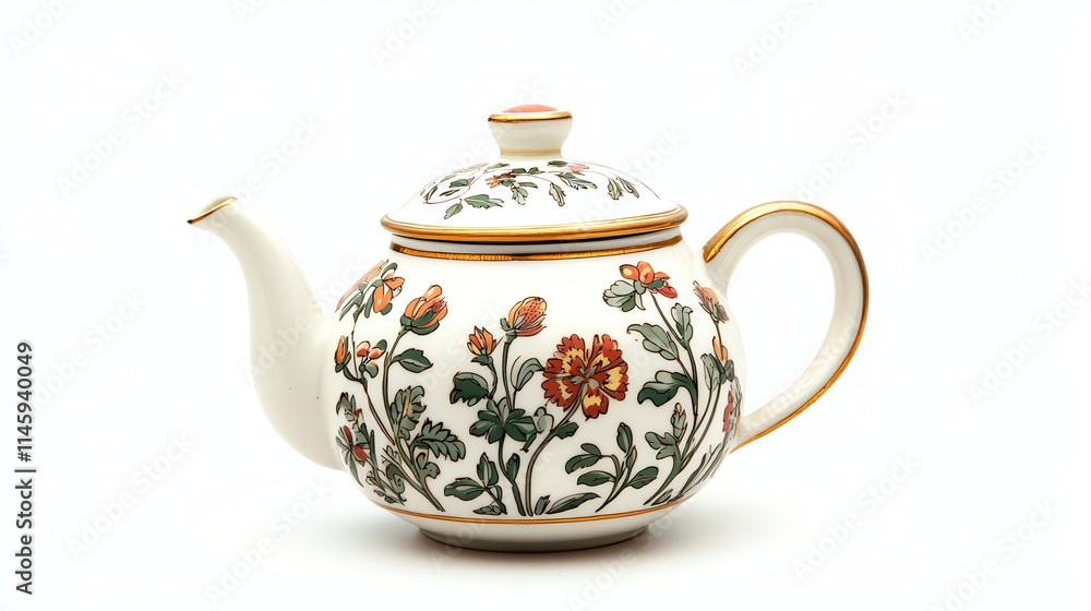 A beautifully detailed ceramic teapot adorned with floral patterns, perfect for serving tea and enhancing table decor. A beautifully detailed ceramic teapot adorned with floral patterns, perfect for serving tea and enhancing table decor.