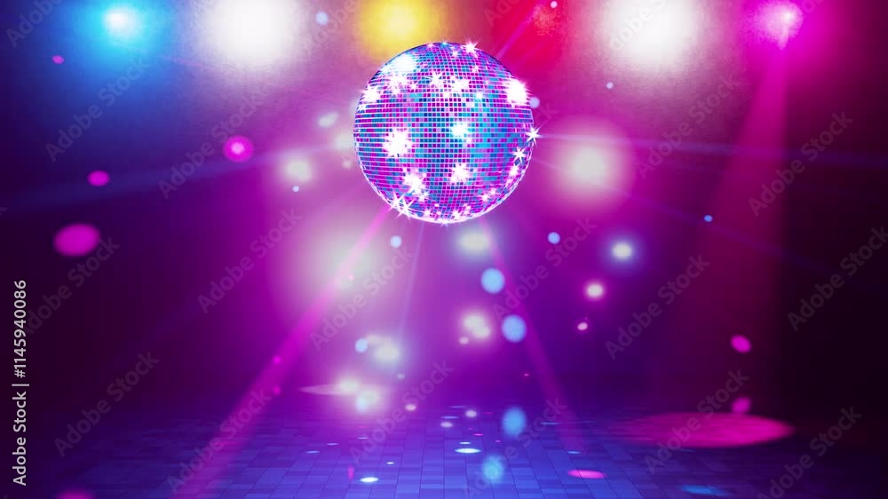 Retro animation. Disco style. Bright lights. Light music. Looping 3D animation of disco ball rotation. Smooth rotation of disco ball with glare on mirrors.