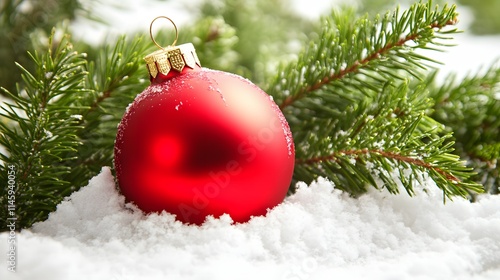 Red Christmas Ornament In Snowy Evergreen Branches photo