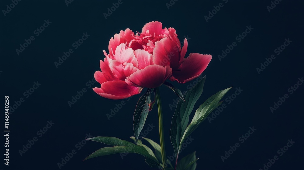 A single peony blossom set against a dark navy background, close-up shot, Minimalist style A single peony blossom set against a dark navy background, close-up shot, Minimalist style