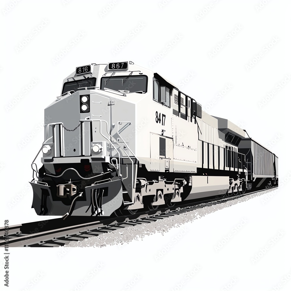 A detailed illustration of a powerful freight train on tracks, showcasing its robust design and industrial aesthetic.