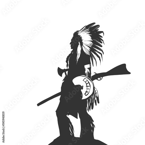 Native American Chief Silhouette with Headdress and Rifle Vector Illustration