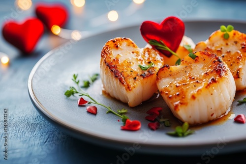 A beautifully arranged plate showcases succulent scallops, elegantly adorned with a heart-shaped decoration, perfect for a romantic Valentine's Day feast.