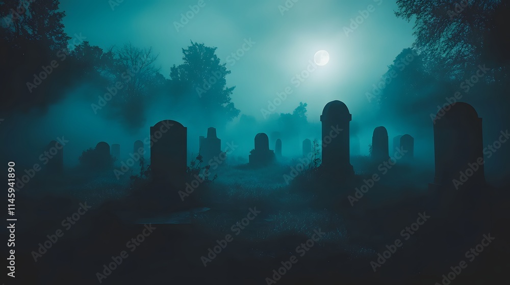 A moonlit foggy graveyard with numerous tombstones A moonlit foggy graveyard with numerous tombstones