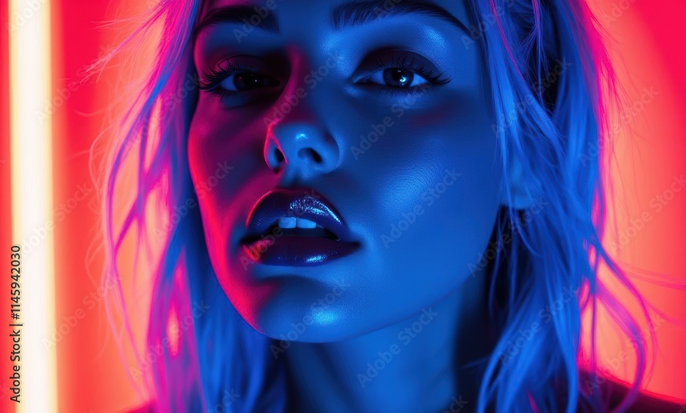 Blue-haired woman in vibrant neon lighting Blue-haired woman in vibrant neon lighting