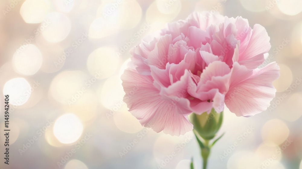 Fototapeta premium A single pink carnation with soft bokeh lights in the background, close-up shot, Dreamy style