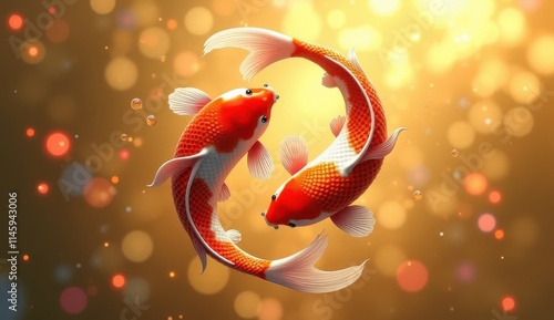 koi fishes swimming in a circle on a gold background