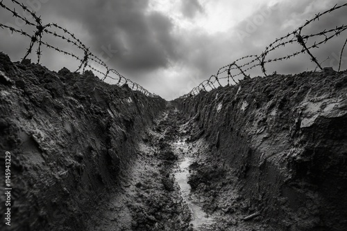 Evocative black and white image of a muddy trench with barbed wire under a dark and cloudy sky, reminiscent of a world war one battlefield photo