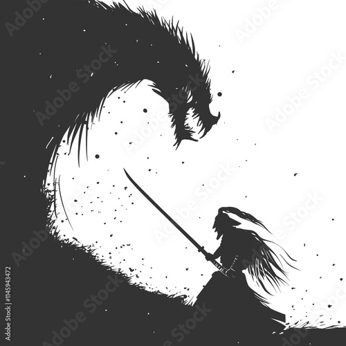 Samurai Warrior Fighting Dragon Silhouette Vector Illustration
