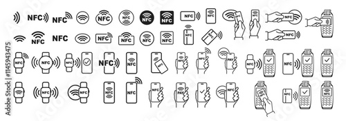 NFC technology. Contactless wireless payment by phone, watch or card icons set isolated on transparent background