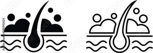 Hair follicle cosmetic line and flat icon set. Vector include skincare frizzy repair revitalizing scalp dandruff follicle outline pictogram for trichology collection isolated on transparent background
