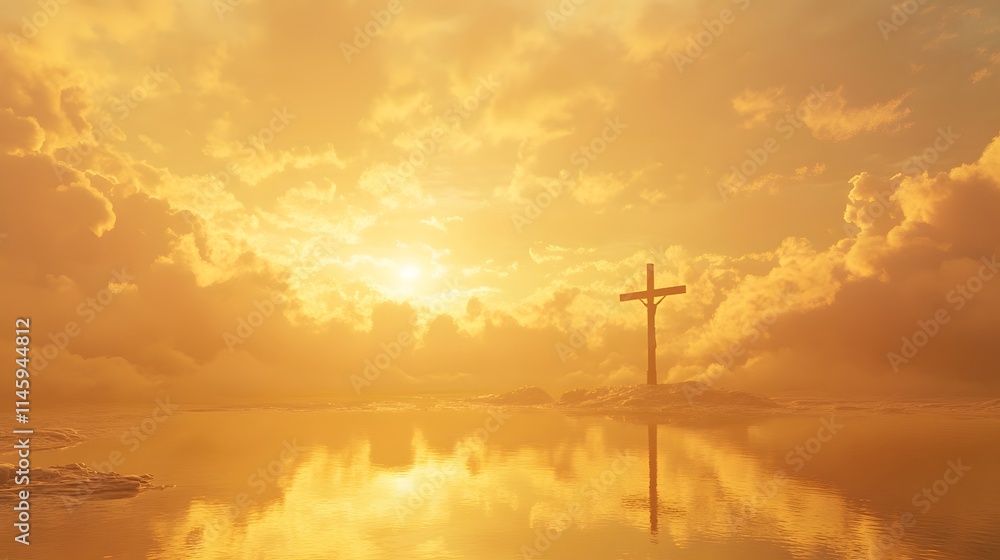 Golden Sunset Cross Reflecting On Calm Water Golden Sunset Cross Reflecting On Calm Water