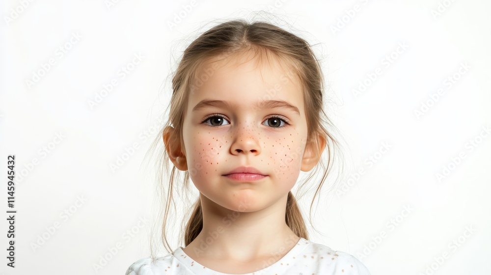 Sick little girl with chickenpox isolated on a white background, showcasing the symptoms of chickenpox, illustrating the experience of a little girl dealing with chickenpox. Sick little girl with chickenpox isolated on a white background, showcasing the symptoms of chickenpox, illustrating the experience of a little girl dealing with chickenpox.