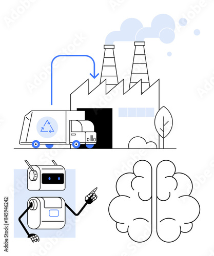 Autonomous recycling truck arriving at eco-friendly factory guided by a robot with visual representation of a brain. Ideal for themes of recycling, technology, automation, artificial intelligence