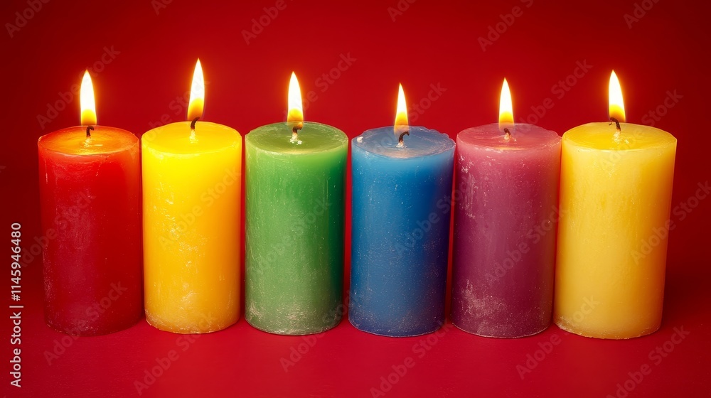 A row of colorful candle, background, banner with flames against a red background, banner. A row of colorful candle, background, banner with flames against a red background, banner.