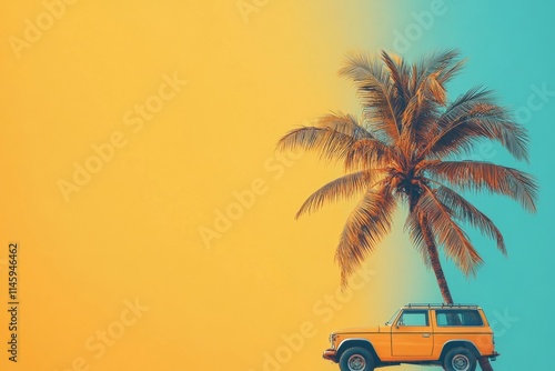 Wallpaper Mural Yellow suv parked under palm tree on exotic beach with yellow and turquoise sky in background, evoking summer vacation and travel Torontodigital.ca