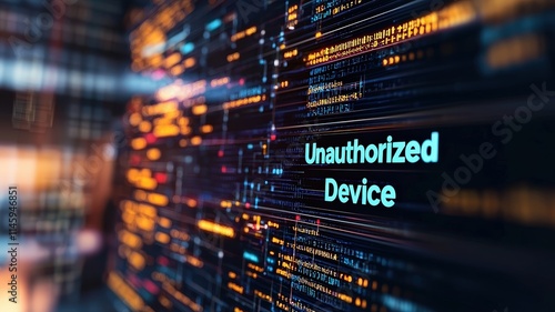 Cybersecurity Breach Visualization concept. Digital display showing "Unauthorized Device" with vibrant data streams.