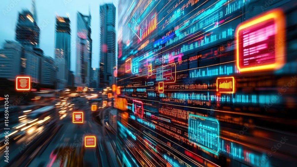 Cybersecurity Breach Visualization concept. Vibrant cityscape with digital data overlay at dusk. Cybersecurity Breach Visualization concept. Vibrant cityscape with digital data overlay at dusk.