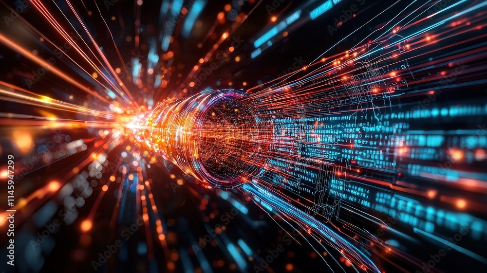 Cybersecurity Breach Visualization concept. Vibrant digital tunnel with glowing particles and dynamic lines. Cybersecurity Breach Visualization concept. Vibrant digital tunnel with glowing particles and dynamic lines.