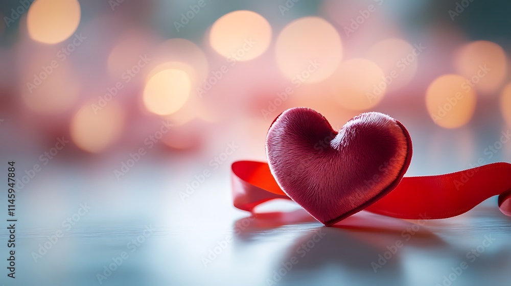 A pristine white table with a red velvet ribbon gracefully shaped into a heart, glowing softly blurred pastel pink tones in the romantic background, minimalistic composition, warm soft light, A pristine white table with a red velvet ribbon gracefully shaped into a heart, glowing softly blurred pastel pink tones in the romantic background, minimalistic composition, warm soft light,