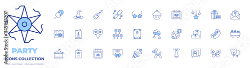Party icons collection. Line Duotone style, editable stroke. tie, balloon dog, cheers, music, balloon, birthday, gift, party, poster, confetti, loyalty, greeting card, tent