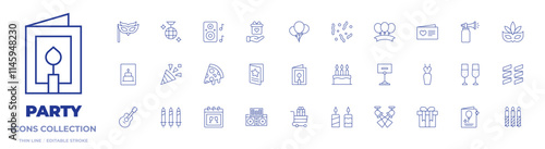 Party icons collection. Thin Line icons, editable stroke. air balloons, birthday and party, birthday cake, birthday card, carnival mask, confetti, gift, greeting card, pizza slice, speaker