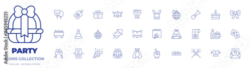 Party icons collection. Thin Line icons, editable stroke. balloon, bbq grill, buffet, bunting, disco ball, fireworks, gift, helmet, party hat, party, price tag, rabbit mask