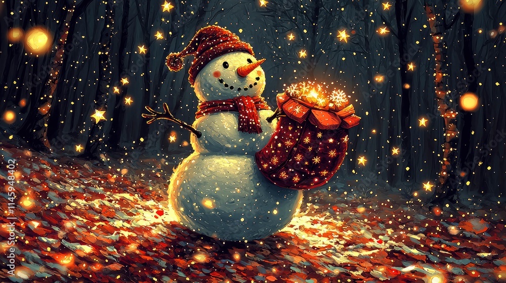 Obraz premium Magical Snowman Carrying a Luminous Gift in a Winter Wonderland
