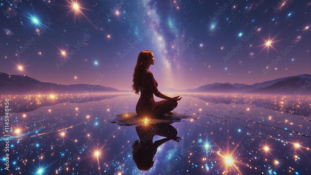 A woman is meditating in front of a beautiful, starry sky A woman is meditating in front of a beautiful, starry sky