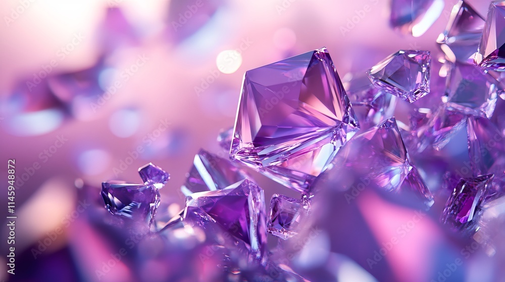 Amethyst diamonds in a radiant purple hue, artfully arranged against a polished backdrop. The 3D rendering lends a captivating depth, casting a soft and ethereal glow. Amethyst diamonds in a radiant purple hue, artfully arranged against a polished backdrop. The 3D rendering lends a captivating depth, casting a soft and ethereal glow.